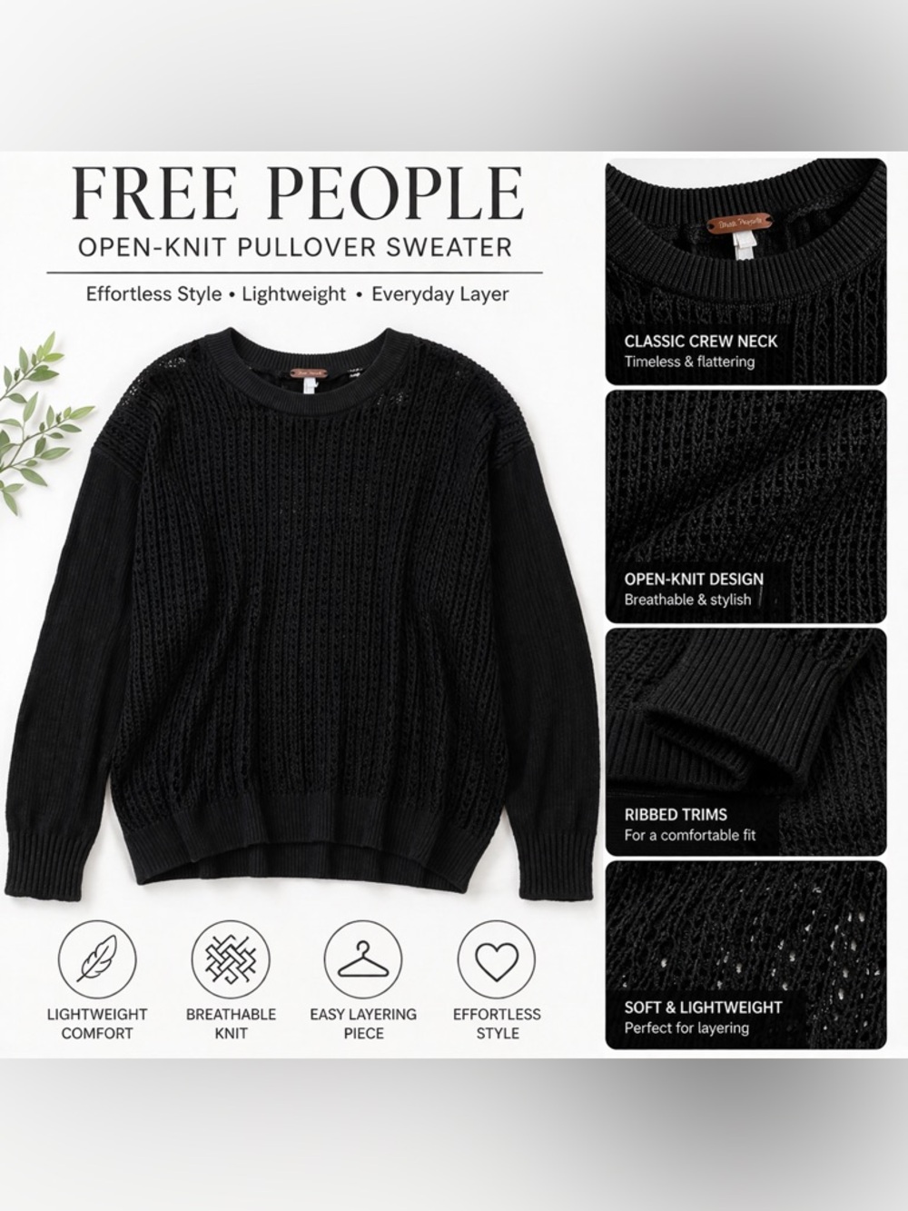 Free People Black Open Knit Pullover Sweater Size M NWT MSRP $98